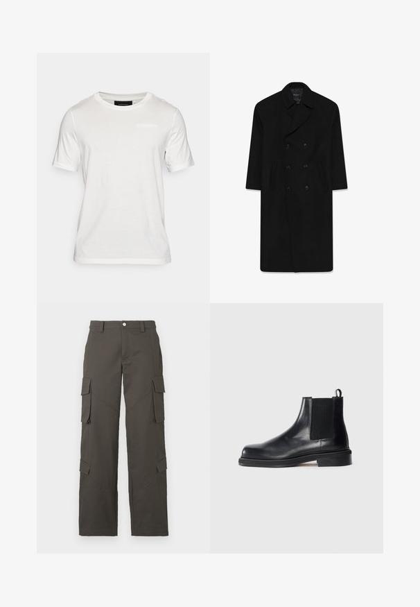 Black double-breasted coat with a lapel collar, two front pockets, and a straight cut. Made of wool fabric with a smooth texture.; Light gray sweater, v-neck design, long sleeves, ribbed cuffs and hem, soft texture. Brand label located at the neckline.; White short-sleeve t-shirt made of soft fabric. Features a round neckline and a subtle branding detail in the center front.; Dark gray straight-leg cargo pants with button closure and four flap pockets, two on thighs and two near calves.; Black leather Chelsea boot with elastic side panel, round toe, pull tab at heel, and low stacked sole on plain background.