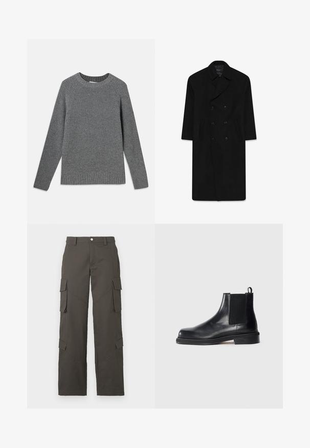 Juodas dvigubas kailis su apykakle, dviem priekinėmis kišenėmis ir tiesiu kirpimu. Pagamintas iš vilnos audinio, turinčio lygią tekstūrą.; Pilkas raukšlėtas megztinis su ilgomis rankovėmis, apvalia iškirpte ir tekstūruota medžiaga. Yra raukšlėti kraštai rankogaliuose ir apačioje.; Balta medvilnė marškinėliai su apvalia iškirpte, trumpomis rankovėmis ir laisvu siluetu. Lygus audinys, be raštų ar puošmenų.; Tamsiai pilki tiesaus kirpimo cargo džinsai su mygtuko uždarymu ir keturiomis kišenėmis su dangteliu, dvi ant šlaunų ir dvi šalia blauzdų.; Juodas odinės Chelsea batai su elastinga šonine juostele, apvaliu pirštu, traukimo kilpute ant kulno ir žemu stumdomu padu ant vientiso fono.
