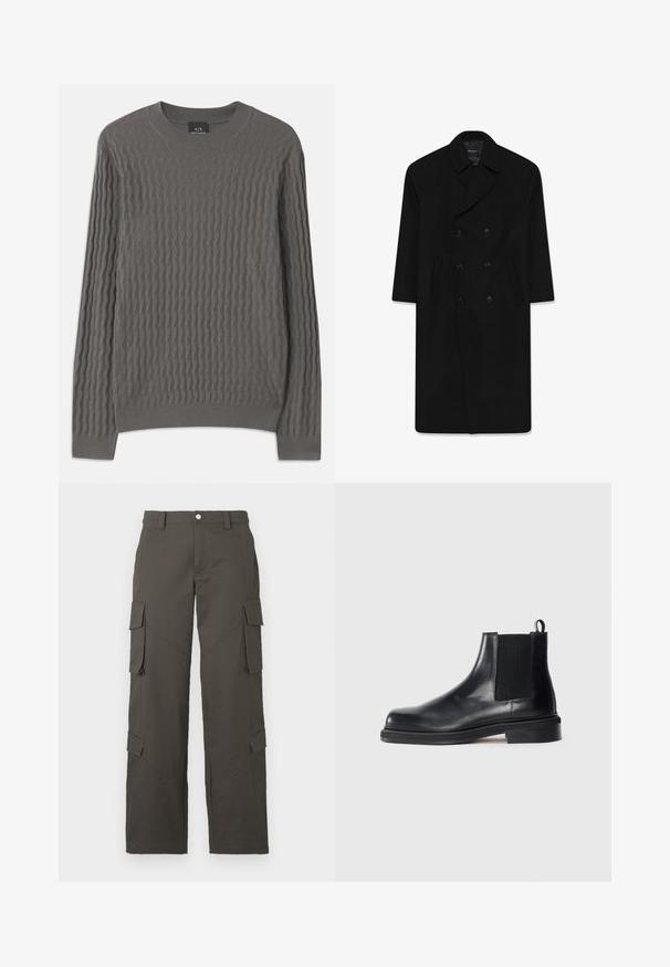 Cappotto nero doppiopetto con collo a rever, due tasche frontali e taglio dritto. Realizzato in tessuto di lana con una texture liscia.; Armani Exchange Maglione - dark gull zig zag; T-shirt bianca in cotone con collo rotondo, maniche corte e vestibilità rilassata. Tessuto liscio, senza motivi né decorazioni.; Pantaloni cargo dritti grigio scuro con chiusura a bottone e quattro tasche con pattina, due sulle cosce e due vicino ai polpacci.; Stivale Chelsea in pelle nera con pannello elastico laterale, punta rotonda, linguetta sul tallone e suola bassa impilata su sfondo neutro.