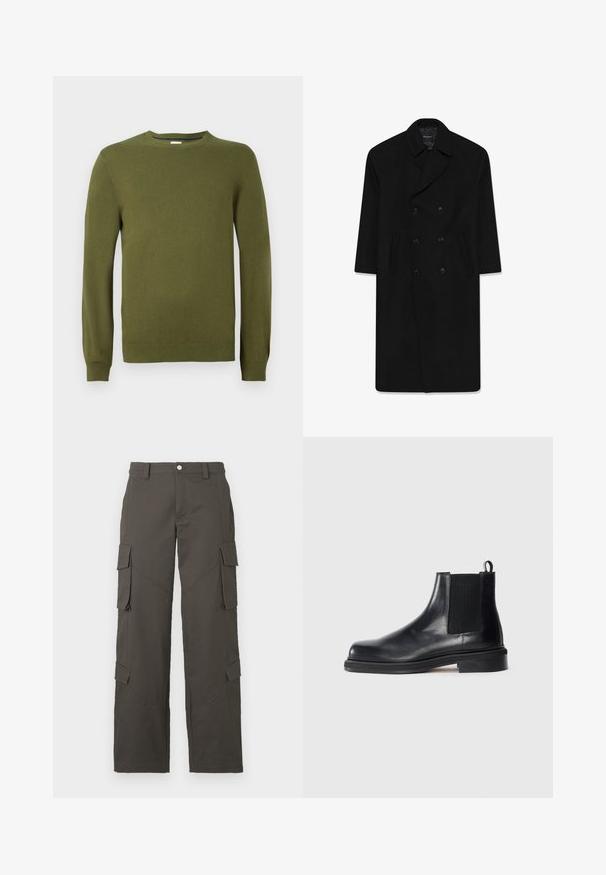 Manteau noir à double boutonnage avec un col à revers, deux poches avant et une coupe droite. Fabriqué en tissu laineux avec une texture lisse.; Pull en maille vert olive, col rond, manches longues, bords côtes aux poignets et à l'ourlet, texture lisse, matériau léger, design décontracté.; Pantalon cargo droit gris foncé avec fermeture à bouton et quatre poches à rabat, deux sur les cuisses et deux près des mollets.; Bottine Chelsea en cuir noir avec panneau élastique sur les côtés, bout rond, languette au talon et semelle basse empilée sur fond uni.
