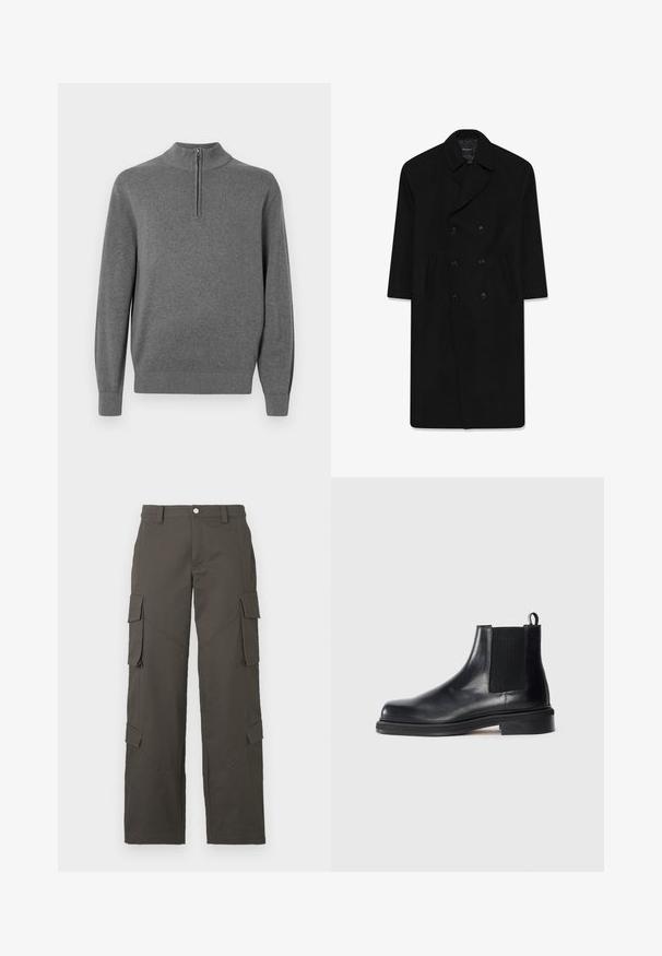 Cappotto nero doppiopetto con collo a rever, due tasche frontali e taglio dritto. Realizzato in tessuto di lana con una texture liscia.; Maglione grigio con collo alto e zip a metà lunghezza. Realizzato in un tessuto morbido, presenta polsini e orlo a coste.; T-shirt bianca in cotone con collo rotondo, maniche corte e vestibilità rilassata. Tessuto liscio, senza motivi né decorazioni.; Pantaloni cargo dritti grigio scuro con chiusura a bottone e quattro tasche con pattina, due sulle cosce e due vicino ai polpacci.; Stivale Chelsea in pelle nera con pannello elastico laterale, punta rotonda, linguetta sul tallone e suola bassa impilata su sfondo neutro.