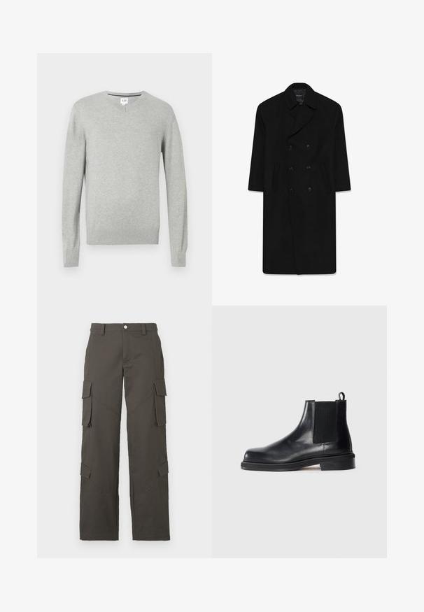 Black double-breasted coat with a lapel collar, two front pockets, and a straight cut. Made of wool fabric with a smooth texture.; Light gray sweater, v-neck design, long sleeves, ribbed cuffs and hem, soft texture. Brand label located at the neckline.; White cotton t-shirt with a crew neck, short sleeves, and a relaxed fit. Smooth texture, no patterns or embellishments.; Dark gray straight-leg cargo pants with button closure and four flap pockets, two on thighs and two near calves.; Black leather Chelsea boot with elastic side panel, round toe, pull tab at heel, and low stacked sole on plain background.