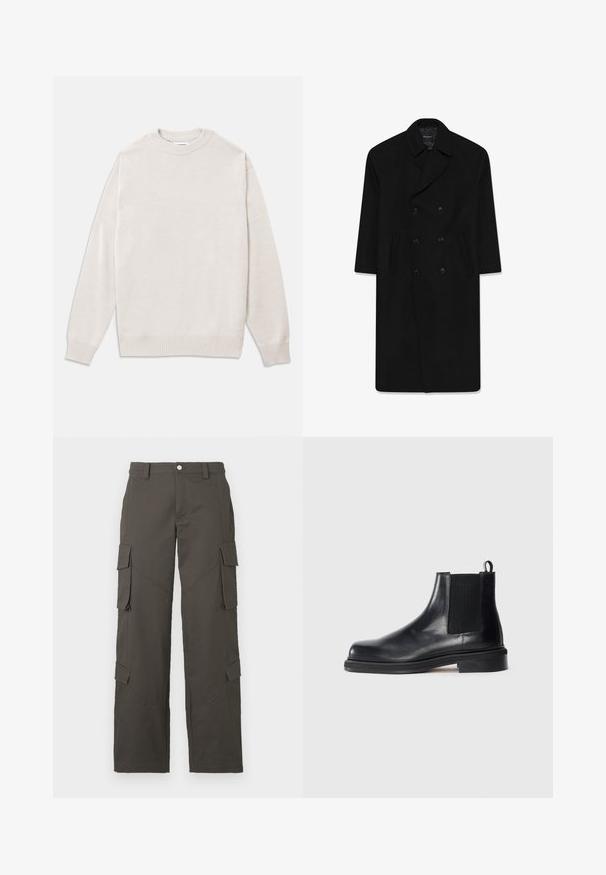 Fekete, dupla soros kabát, lapel gallérral, két elülső zsebből és egyenes szabással. Gyapjú anyagból készült, sima tapintással.; Világos bézs pulóver, puha anyagból készült, bordázott környakkal, csuklómandzsettákkal és szegéllyel, laza szabással és minimalista designnal.; Fehér pamut póló, kerek nyakkal, rövid ujjú, laza fazonú. Simább textúrájú, mintázat vagy díszítés nélkül.; Sötétszürke egyenes szárú cargo nadrág gombos záródással és négy hajtókás zsebbel, kettő a combon és kettő a vádlinál.; Fekete bőr Chelsea bokacsizma elasztikus oldalsó panelekkel, kerek orral, húzófüllel a sarkán és alacsony, rétegelt talppal egyszínű háttéren.