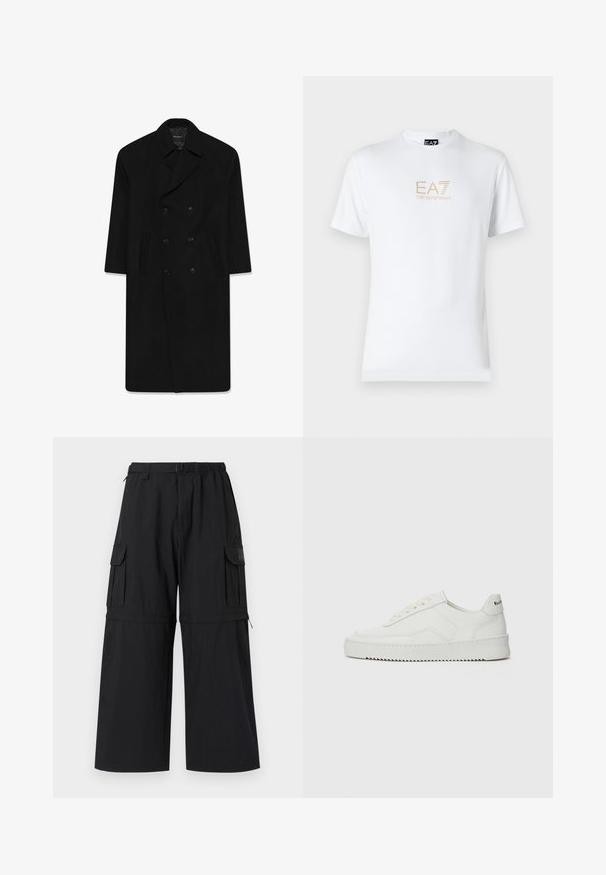 Črn dvoredni plašč z rever ovratnikom, dvema sprednjima žepoma in ravnim krojem. Izdelan iz volnenega blaga z gladko teksturo.; Bela bombažna majica s krožnim izrezom in kratkimi rokavi, s pozlačenim logotipom EA7 Emporio Armani natisnjenim spredaj.; Črne cargo hlače s širokimi nogavicami, elastičnim pasom in več stranskimi žepi. Izdelane so iz lahkega materiala z gladko teksturo.; Bela usnjena športna obutev z gladko površino, okroglo prst, ravne vezalke in teksturiran podplat. Ima diskretno logo na peti.