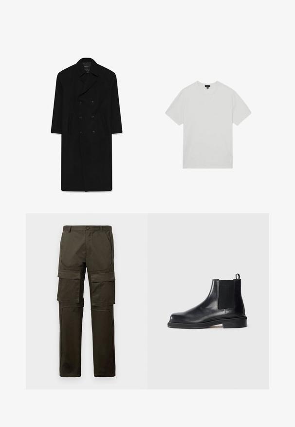 Mustapukuinen kaksirivinen takki, jossa on kauluskäänne, kaksi etutaskua ja suora leikkaus. Valmistettu villakankaasta, jossa on sileä pinta.; Valkoinen puuvillapaita, jossa on pyöreä kaula-aukko, lyhyet hihat ja rento istuvuus. Sileä pinta, ei kuvioita tai koristeita.; Tummanoliivinvihreät cargo-housut, joissa on useita suuria etu- ja reisitaskuja, nappisulku ja ommellut polvi-paneelit valkoista taustaa vasten.; Musta nahkainen Chelsea-saapas, jossa on elastinen sivupaneeli, pyöreä kärki, vetonauha kantapäässä ja matala pinoiltu pohja yksinkertaisella taustalla.