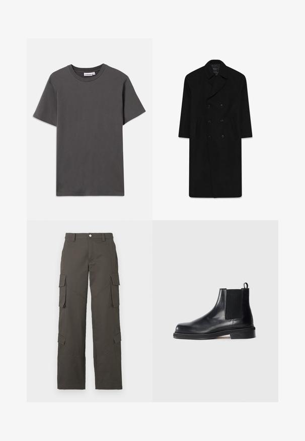 Mustmust ülikond, millel on klapp krae, kaks esist märkmeid ja sirge lõige. Valmistatud villast kangast, millel on sile tekstuur.; Tumehall kortse käistega T-särk ümmarguse kaelusega, millel on krae sisemuses väike valge brändilogo, valgel taustal.; Tumedashallased sirged cargo püksid, millel on nööbikinnitus ja neli klapptaskut, kaks reitele ja kaks säärtel.; Mustmustööd mustast nahast Chelseaboot, elastse külgpaneeli, ümarate varvaste, kanna tõmbenööri ja madala klotsist tallaga, ühtlasel taustal.