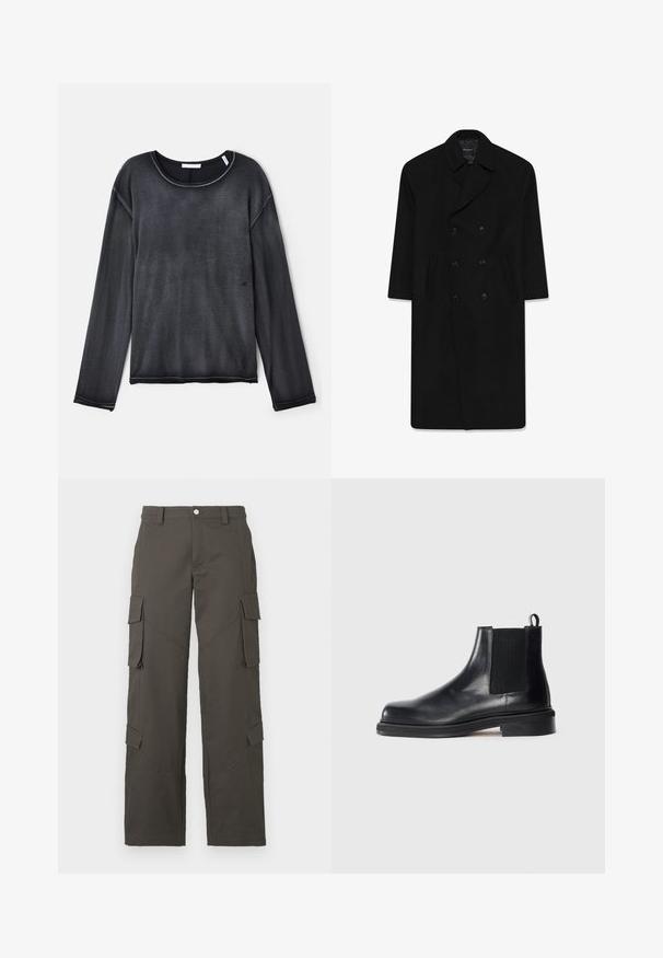 Schwarzer Doppelreißverschluss-Mantel mit Reverskragen, zwei Fronttaschen und geradem Schnitt. Hergestellt aus Wollstoff mit glatter Textur.; Langärmeliges, Rundhalsausschnitt-Oberteil in Dunkelgrau mit weicher Textur, das kontrastierende Nähte und eine lockere Passform aufweist. Minimalistisches Design ohne Muster.; Dunkelgraue gerade Cargo-Hosen mit Knopfverschluss und vier Klappentaschen, zwei an den Oberschenkeln und zwei nahe den Waden.; Schwarze Leder Chelsea-Stiefel mit elastischem Seitenpanel, runder Zehenpartie, Zugschlaufe an der Ferse und niedrigem, gestapeltem Absatz auf einfarbigem Hintergrund.