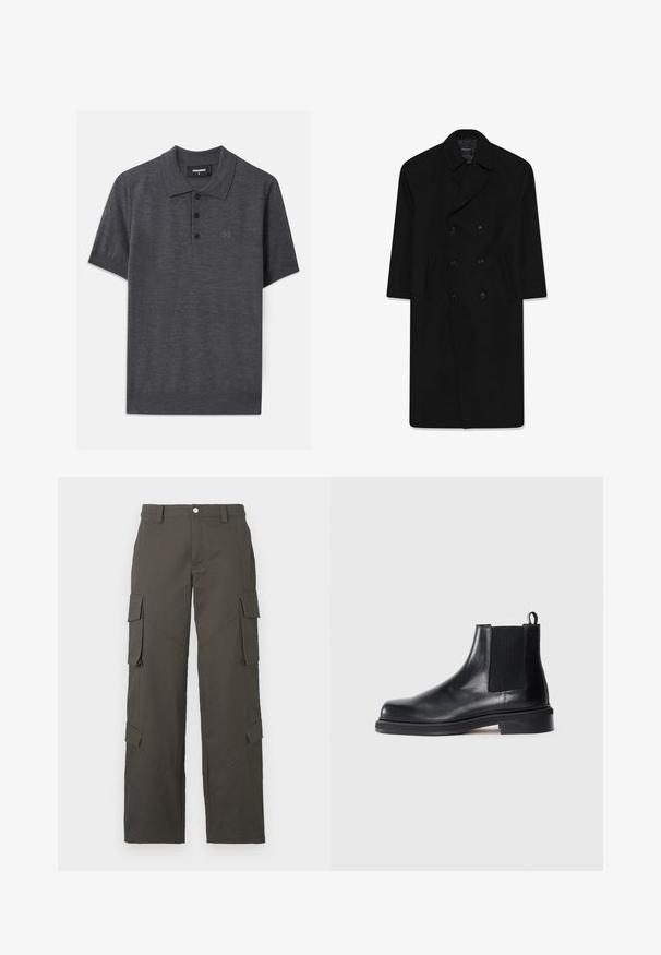 Schwarzer Doppelreißverschluss-Mantel mit Reverskragen, zwei Fronttaschen und geradem Schnitt. Hergestellt aus Wollstoff mit glatter Textur.; Dunkelgraues Poloshirt aus einem glatten Stoff, mit einer Drei-Knopf-Leiste, kurzen Ärmeln und einem dezent eingeprägten Logo auf der Brust.; Dunkelgraue gerade Cargo-Hosen mit Knopfverschluss und vier Klappentaschen, zwei an den Oberschenkeln und zwei nahe den Waden.; Schwarze Leder Chelsea-Stiefel mit elastischem Seitenpanel, runder Zehenpartie, Zugschlaufe an der Ferse und niedrigem, gestapeltem Absatz auf einfarbigem Hintergrund.