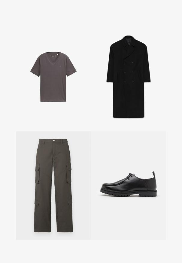 Czarny płaszcz dwurzędowy z klapami, dwoma przednimi kieszeniami i prostym krojem. Wykonany z wełnianego materiału o gładkiej fakturze.; Szary t-shirt w serek wykonany z miękkiego materiału, krótki rękaw i subtelne logo po lewej stronie. Gładka faktura oraz luźny krój.; Ciemnoszare, proste spodnie cargo z zapięciem na guzik i czterema kieszeniami z klapkami, dwiema na udach i dwiema w okolicy łydek.; Czarne skórzane buty zapinane na sznurowadła z wytrzymałą podeszwą i uchwytem na pięcie, pokazane z boku na białym tle.