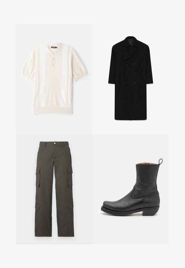 Černý dvouřadý kabát s klopovým límcem, dvěma předními kapsami a rovný střih. Vyrobený z vlněné látky s hladkou texturou.; Krémová polokošile s krátkým rukávem a hladkou texturou, obsahující tři knoflíky, jemné vertikální pruhy a klasický design límce.; Tmavě šedé cargo kalhoty rovného střihu s zapínáním na knoflík a čtyřmi klopovými kapsami, dvě na stehnech a dvě poblíž lýtek.; Černá kožená kotníková bota s hladkým povrchem, štíhlým profilem, bočním prošíváním a nízkým čtvercovým podpatkem. Obsahuje poutko na zadní straně.