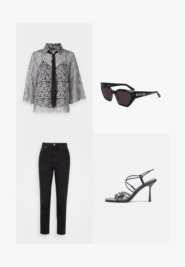 Giacca a vento nera con colletto alto, chiusura con zip e cuciture a forma di chevron. Presenta due tasche frontali e polsini elastici. Texture lucida e liscia.; Blusa in pizzo argentato con un fiocco nero. Caratterizzata da maniche a campana, motivi floreali e colletto a punta. Tessuto trasparente con orlo a scallop.; Jeans neri a vita alta slim-fit con bottone frontale, passanti per cintura e design a cinque tasche su sfondo bianco.; Sandali neri con tacco alto presentano sottili cinturini con design annodato, una punta quadrata liscia e un elegante tacco a spillo.; Occhiali da sole neri con design a occhio di gatto, dotati di lenti scure, finitura lucida e sottili accenti del logo sulle asticelle.; Orecchini a cerchio in argento con una finitura liscia e lucente. Forma arrotondata, design leggero, con chiusura a perno.