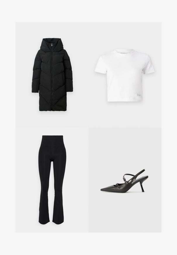 Zwarte lange pufferjas met een hoge gewatteerde kraag, volle rits aan de voorkant, lange mouwen en zijzakken.; Witte cropped t-shirt van zacht katoen, met een hoge hals en korte mouwen. Klein geborduurd logo in de onderhoek.; Zwarte hoog-waist flared leggings van elastische stof, met een zachte textuur en een slanke pasvorm door de dijen met een lichte flare aan de zoom.; Zwarte leren slingback hakken met een spitse neus, slanke hak en decoratieve gespdetails op de bovenkant. Gladde textuur en een strakke uitstraling.
