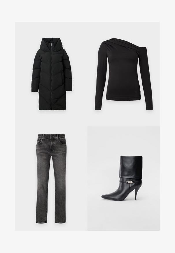 Juodas ilgas pūkinis švarkas su aukštu paminkštintu apykakle, pilna priekinė užtrauktukų, ilgos rankovės ir šoninės kišenės.; Juoda ilga rankovė viršūnė su asimetrine apykakle, parodanti vieną petį ir švelniai drapiruota per krūtinę.; Juodi džinsai su tiesiu kirpimu, turintys penkias kišenes, mygtuką ir užtrauktuką, taip pat su švelniu blukimu per audinį.; Juodos odinės kulkšninių botų su smailiu nosiu, aukštu stiletto kulnu, apvyniojamu kraštu ir auksine dekoratyvine sagtimi prie kulkšnies.