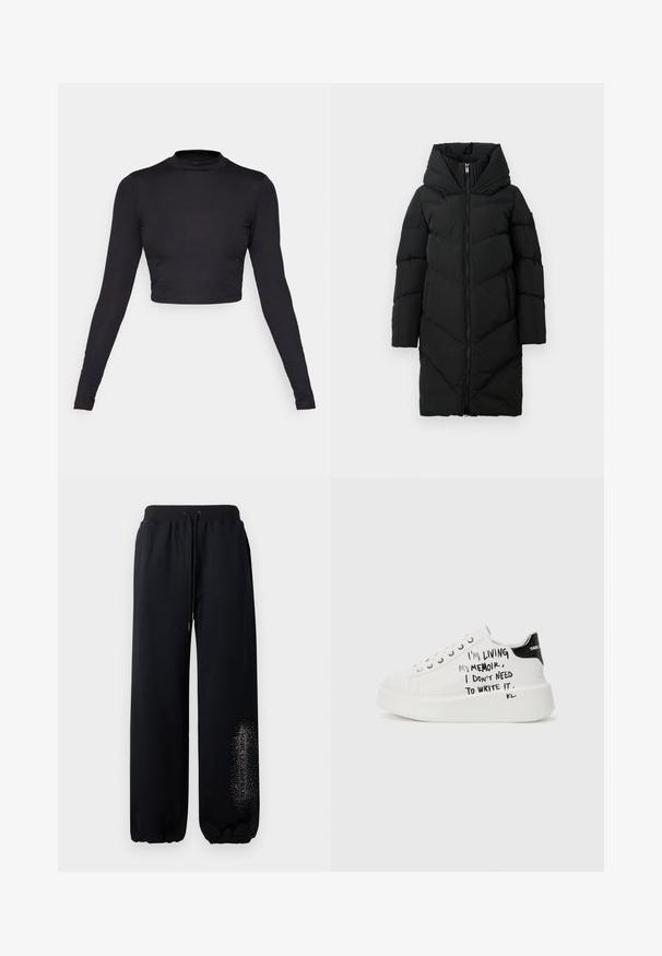 Juodas ilgas pūkinis švarkas su aukštu paminkštintu apykakle, pilna priekinė užtrauktukų, ilgos rankovės ir šoninės kišenės.; Juodas ilgas rankovėmis trumpas viršus su aukštu kaklu. Pagamintas iš raibos medžiagos, turi prigludusias rankoves ir švarų, besiūlį apdailos akcentą.; Juodi sportiniai šortai su elastingu juosmeniu, keičiama virvele ir surinktomis rankovėmis. Kairėje kojoje yra blizgučių tekstas.; Baltos platformos sportbačiai su juodais akcentais, turintys tekstūruotą pado ir ranka rašytą tekstą šonuose. Lygus odos paviršius.