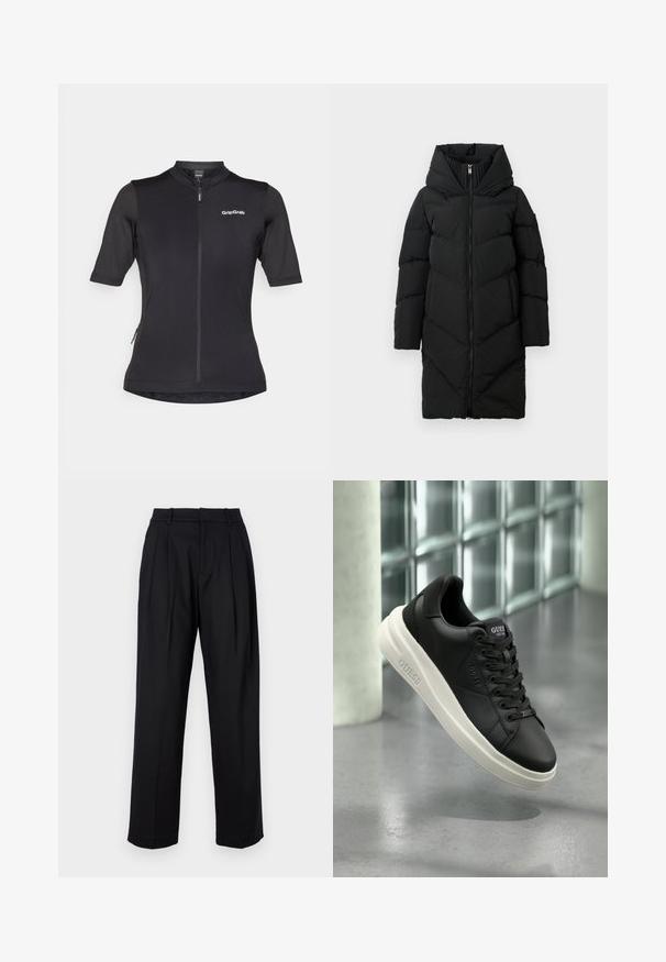 Črn dolg puhov coat z visokim obloženim ovratnikom, polnim sprednjim zadrgo, dolgimi rokavi in stranskimi žepi.; Črna kratka kolesarska majica s kratkimi rokavi z zadrgo spredaj, zračnega materiala in logotipom GripGrab na zgornji levi strani.; Črne hlače z krojem po meri, ki se ponašajo z visokim pasom, plitvimi gubami in ravnim krojem. Narejene so iz gladkega blaga z enotno barvo.; Črne nizke superge Guess z belo podplatom, vezalkami in blagovno znamko na strani ter jeziku, razstavljene ob ozadju iz steklenih blokov.