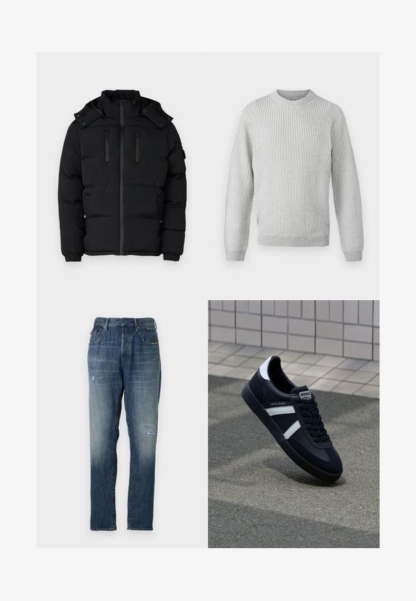 Crna puffer jakna s visokim ovratnikom, zatvaranjem na zip i dva zipovana džepa na prsima. Rukavi s rebrastim završecima i odvojiva kapuljača. Glatka tekstura tkanine.; Svijetlosivi rebrasti pulover s okruglim izrezom, dugim rukavima i ravnim rubom. Napravljen od mekanog, teksturiranog materijala.; Traperice u izblijedelo plavoj boji, ravnog kroja, s umjerenim oštećenjima sprijeda i klasičnim pet džepovima.; Crne kožne tenisice s bijelim prugama, strukturirana gumena potplate i vezanjem sprijeda. Ima oznaku brenda na jeziku.