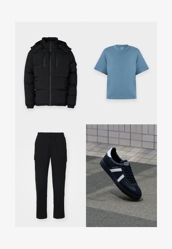 Mustmustahääl, millel on kõrge krae, tõmblukuga sulgemine ja kaks tõmblukuga rinna taskut. Ribiküljed ja eemaldatav kapuuts. Sile kangastekstuuri.; Sinine lühikeste varrukatega t-särk, valmistatud puuvillast, ümarate kaelustega ja lõdva istuvusega. Sile tekstuur, minimalistlik disain, ilma mustrite või aktsentideta.; Mustlased cargo püksid, valmistatud vastupidavast kangast, elastse vöökohaga, sirgete jalgadega ning küljetaskutega, millel on klapikinnitused.; Must have musta sneaker musta valgete triipudega, tekstuurne kummitald ja nööridega esiosa. Omab bränditud märki keele peal.