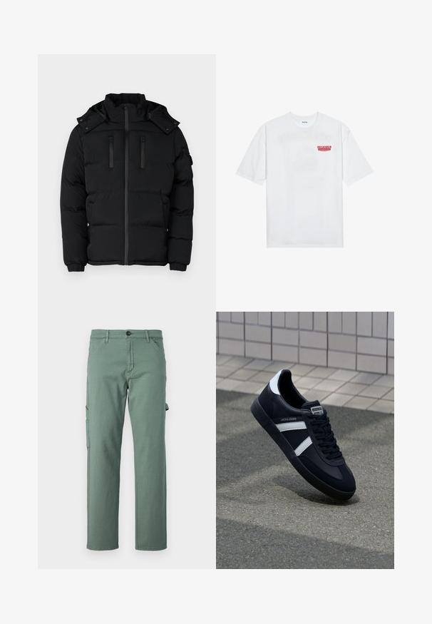 Mustmustahääl, millel on kõrge krae, tõmblukuga sulgemine ja kaks tõmblukuga rinna taskut. Ribiküljed ja eemaldatav kapuuts. Sile kangastekstuuri.; Valge puuvillane T-särk, millel on lühikesed varrukad, ümmargune kaelus ja esiküljel punane graafiline tekst "MAITSVA KONDISIOONIGA PUUVILI".; Rohelised cargo püksid, mis on valmistatud vastupidavast kangast, sirge sääre disainiga, küljetaskute ja nööpkinnisega. Sujuv tekstuur ja minimalistlik stiil.; Must have musta sneaker musta valgete triipudega, tekstuurne kummitald ja nööridega esiosa. Omab bränditud märki keele peal.