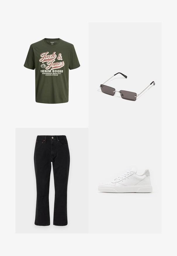 Black puffer jacket with a high collar, zip closure, and two zippered chest pockets. Ribbed cuffs and detachable hood. Smooth fabric texture.; Green cotton T-shirt with short sleeves, crew neck, featuring large white and pink text reading "Jack & Jones Denim Goods" and logo.; Black denim jeans featuring a straight leg design, five-pocket style, and metal hardware with copper accents. Smooth texture and medium rise.; White leather sneakers with a smooth finish, rounded toe, flat laces, and a textured sole. Grey suede accent at the heel.; Sunglasses with rectangular, dark grey lenses, silver metal frames, and black plastic tips on the arms. Lightweight design with nose pads.; Black crossbody bag made of durable fabric, featuring a single adjustable strap, a zippered main compartment, and a front pocket.