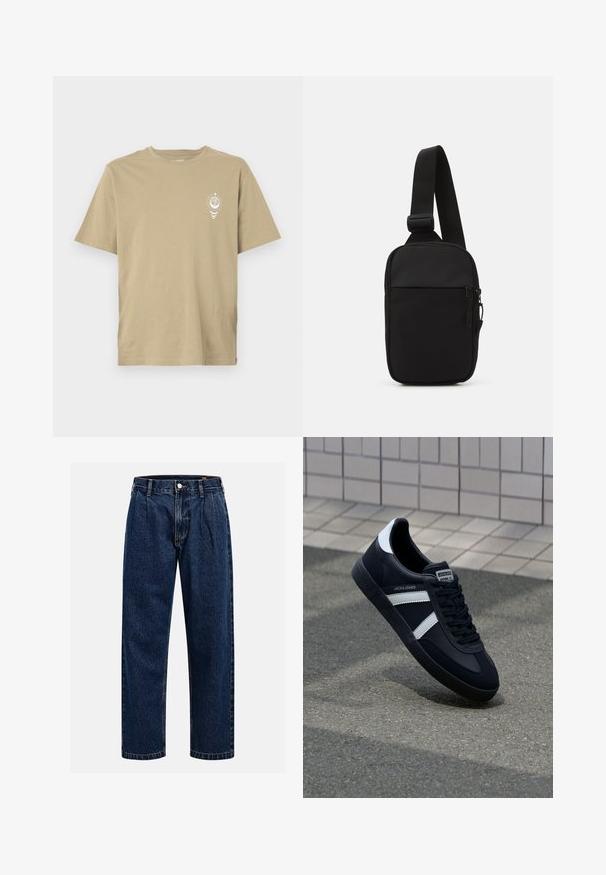 Black puffer jacket with a high collar, zip closure, and two zippered chest pockets. Ribbed cuffs and detachable hood. Smooth fabric texture.; Beige short-sleeve t-shirt made of soft cotton, featuring a small white graphic design on the left chest area. Plain back.; Dark blue denim jeans with a straight-leg design. Features visible stitching, a button closure, and front pleats for added detail.; Black leather sneaker with white stripes, textured rubber sole, and lace-up front. Features a branded label on the tongue.; Black crossbody bag made of durable fabric, featuring a single adjustable strap, a zippered main compartment, and a front pocket.