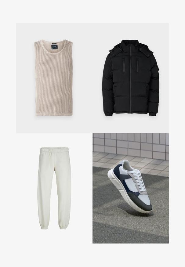 Mustmustahääl, millel on kõrge krae, tõmblukuga sulgemine ja kaks tõmblukuga rinna taskut. Ribiküljed ja eemaldatav kapuuts. Sile kangastekstuuri.; Beež ribidega T-särk ümarate kaelustega, ilma varrukateta disain ja pehme tekstuur. Sildiga õmmeldud kaelaosa sisse, puhas alläär.; Valged trennipüksid, mis on valmistatud pehmest kangast, elastse vöökoha ja mansettidega, sileda tekstuuri ja lõdva lõikega.; Valge, mereväe sinine ja hall spordijalats, millel on segatud materjalide disain, tekstureeritud ülemine osa, lame pael ja pehme talla.