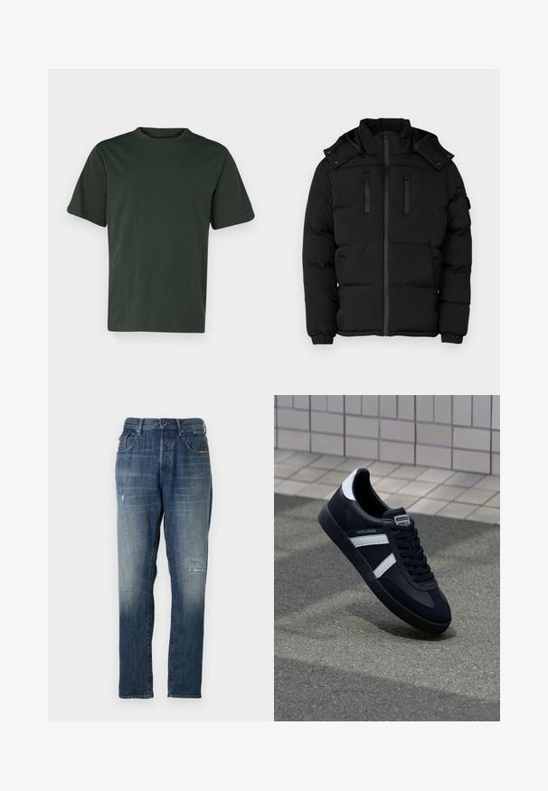 Juodas pūkinis švarkas su aukštu apykakle, užtrauktuku ir dviem užtrauktukais uždaromomis krūtinės kišenėmis. Raukiniai ant rankogalvių ir nuimama gobtuvėlė. Lygi audinio tekstūra.; Abercrombie & Fitch CLASSIC - Paprasti marškinėliai - deep forest; Džinsai, turintys įblukusią mėlyną spalvą, tiesaus kirpimo dizainą, vidutinį dėvėjimą priekyje ir klasikinį penkių kišenių stilių.; Juodas odinis sportinis batelis su baltais dryžiais, tekstūruota gumine padais ir raišteliais priekyje. Yra prekės ženklą žymintis etiketė ant liežuvio.