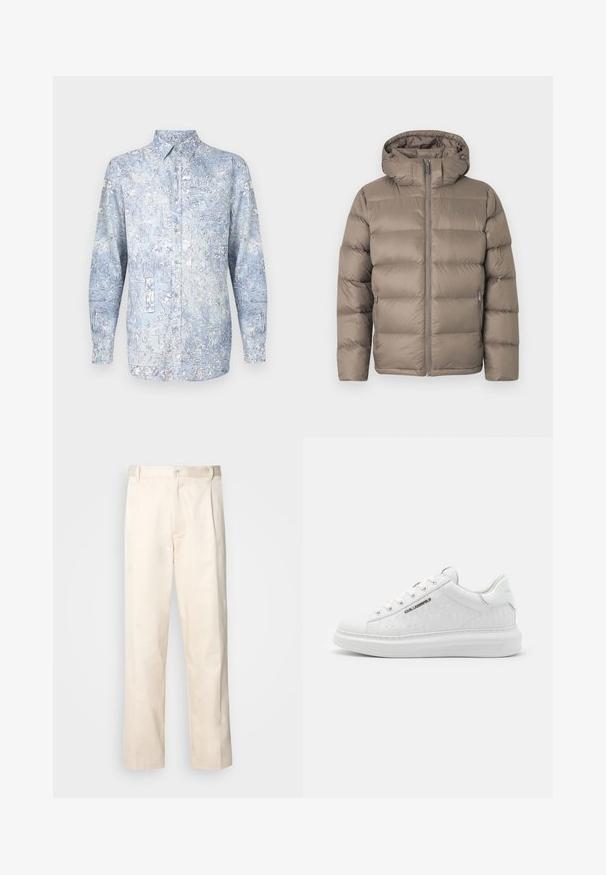 Zimná bunda s výplňou vo farbe taupe, s predným zipsom, dvoma vreckami na zips po stranách a pripevnenou kapucňou na bielom jednoduchom pozadí.; Svetlomodrá košeľa na gombíky s kvetinovým vzorom, dlhými rukávmi a klasickým golierom. Vyrobená z mäkkej látky s hladkým povrchom.; Tmavomodré tričko s krátkym rukávom a okrúhlym výstrihom s bielym logom CK a nápisom "Calvin Klein" na ľavej strane hrudníka.; Béžové bavlnené nohavice so strihom rovného nohu, s gombíkovým zapínaním a záhybmi vpredu pre pridanie detailu.; Biele tenisky vyrobené z hladkej kože s embosovaným vzorom. Majú okrúhlu špičku, šnurovanie v prednej časti a textúrovanú podrážku. Strieborný detail loga na boku.