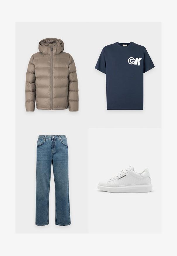 Taupe-colored padded winter jacket with front zipper, two zippered side pockets, and attached hood on a plain white background.; Navy blue short-sleeve crew neck T-shirt with white CK logo and "Calvin Klein" text on the left chest.; Blue denim jeans with a straight cut, featuring five pockets, a button and zipper closure, and visible stitching details.; White sneaker made of smooth leather with embossed pattern. Features round toe, lace-up front, and textured sole. Silver logo detail on side.