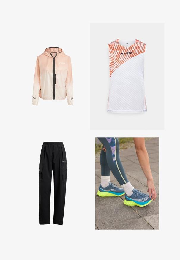 Letthvægt jakke med hætte i gradient pink og hvid. Har en frontlynlås, sorte detaljer og reflekterende striber på ærmerne.; Hvid ærmeløs træningstop med orange diagonale striber, tekstureret overflade og "TERREX"-logo på den øverste front.; Sorte cargo bukser med elastisk talje, to sidelommer og et let tilspidset ben-design. Lavet af letvægtsmateriale.; Saucony ENDORPHIN PRO 4 - Løbesko til landevejen - mirage/citron