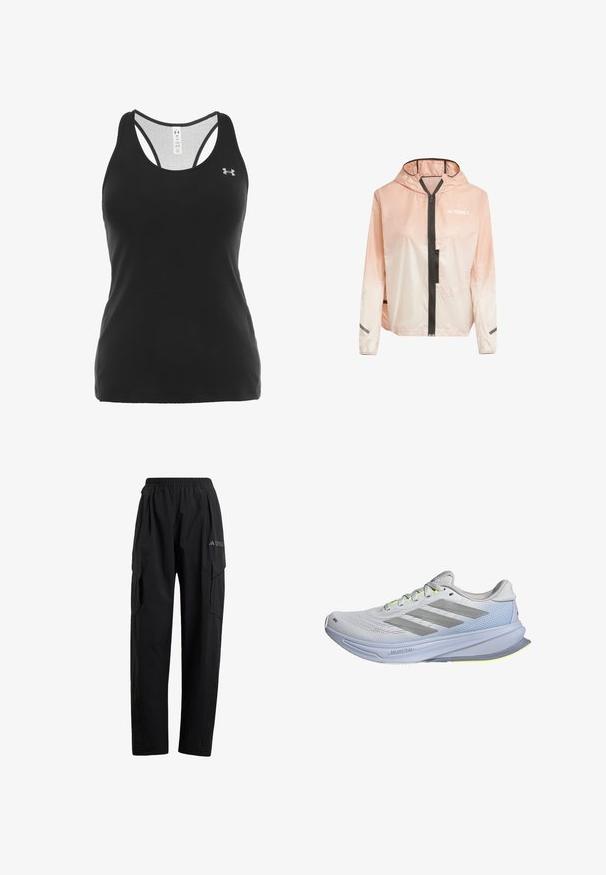 Gaismas, kapucis jaka rozā un baltā gradientā. Iespējas ietver priekšējo rāvējslēdzēju, melnas akcentus un atstarojošas strīpas uz piedurknēm.; Under Armour TECH RACER - Tops - schwarz/silber; Melnas cargo bikses ar elastīgu jostasvietu, divām sānu kabatām un nedaudz sašaurinātu kāju dizainu. Izgatavotas no viegla materiāla.; Skriešanas apavi ar vieglu mākoņa augšējo daļu baltā krāsā, akcentēti ar pelēkām svītrām. Zole ir nedaudz izliekta ar neonīgi dzelteniem akcentiem.