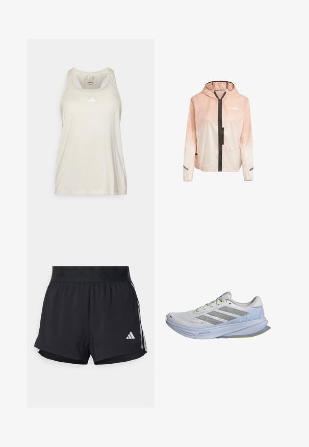 Lehká bunda s kapucí v gradientní růžové a bílé barvě. Obsahuje přední zip, černé akcenty a reflexní pruhy na rukávech.; adidas Performance TRAIN ESSENTIALS MINIMAL BRANDING RACERBACK - Top - alumina/white; Černé sportovní šortky s elastickým pasem, s texturovaným páskem, bočními pruhy a bílým logem Adidas na dolním lemu.; Běžecké boty s lehkým síťovaným svrškem v bílé barvě, doplněné šedými pruhy. Podešev má mírný oblouk a neonově žluté akcenty.