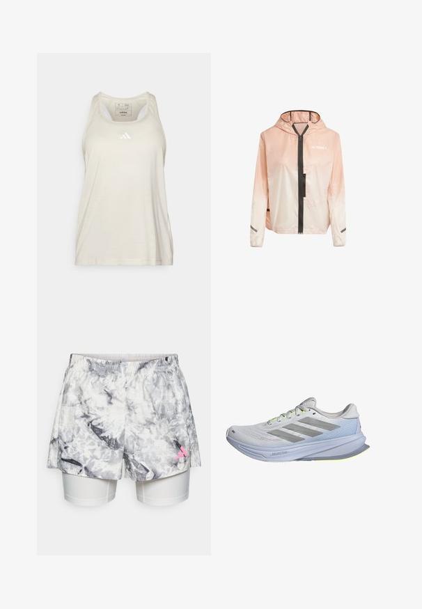 Chaqueta ligera con capucha en degradado de rosa y blanco. Cuenta con una cremallera frontal, acentos en negro y tiras reflectantes en las mangas.; adidas Performance TRAIN ESSENTIALS MINIMAL BRANDING RACERBACK - Top - alumina/white; Bañador con un patrón abstracto en gris y blanco, que presenta una cinturilla elástica, forro interior y un acento de logo en rosa en el costado.; Zapatillas de correr con una parte superior de malla ligera en blanco, acentuadas con franjas grises. La suela presenta una ligera curvatura y detalles en amarillo neón.