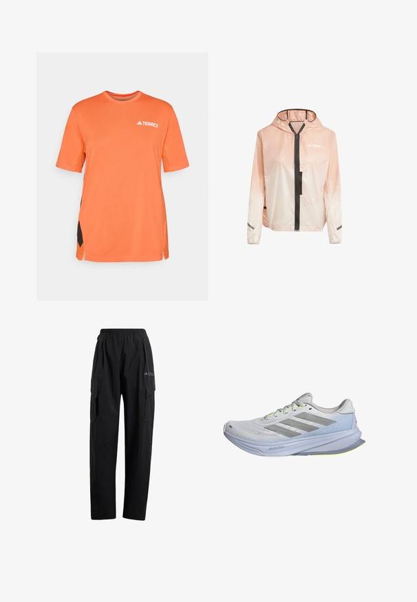 Lett, hettejakke i gradient rosa og hvit. Har glidelås foran, svarte detaljer og reflekterende striper på ermene.; Oransje kortermet t-skjorte laget av lett materiale, med mesh-sider og en hvit "TERREX" logo på forsiden.; Svarte cargo-bukser med elastisk midje, to sidelommer og en lett avsmalnet benkonstruksjon. Laget av lett materiale.; Løpesko med et lett mesh-overdel i hvitt, akzentuert av grå striper. Sålen har en liten kurve og neongule detaljer.