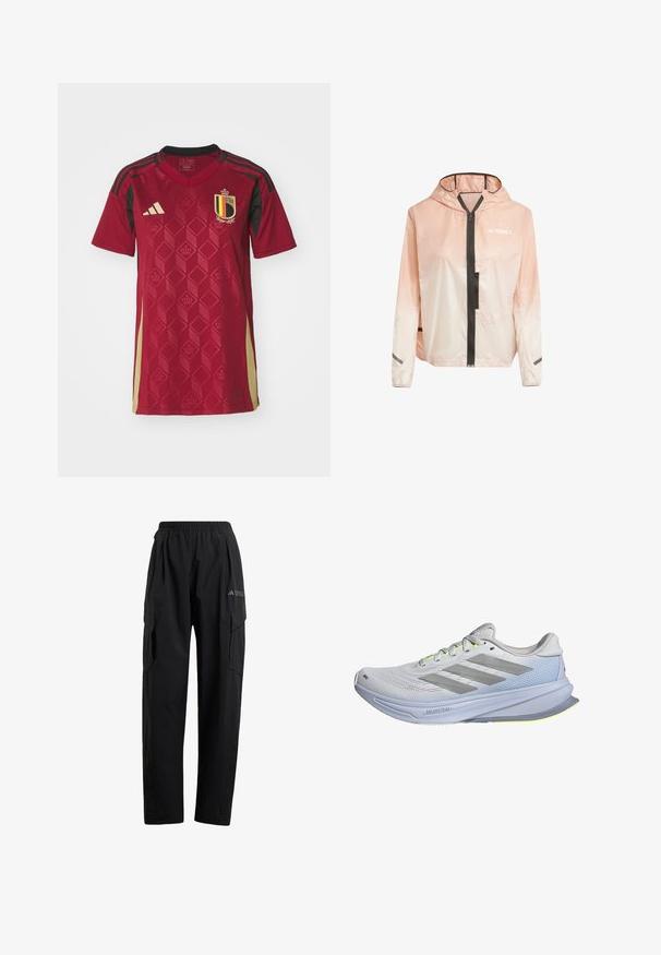 Könnyű, kapucnis dzseki gradient rózsaszín és fehér színben. Elöl cipzárral, fekete kiegészítőkkel és fényvisszaverő csíkokkal a hüvelyeken.; Piros focimez, geometrikus gyémántmintázattal, fekete kiemelésekkel és sárga-fekete csíkkal ellátott címerrel, könnyű anyagból készült.; Fekete cargo nadrág rugalmas derékrésszel, két oldalsó zsebbel és enyhén karcsúsított lábdesignnal. Könnyű anyagból készült.; Fehér, könnyű hálós felsőrészű futócipő, szürke csíkokkal kiemelve. A talpa enyhe ívvel és neon sárga részletekkel rendelkezik.