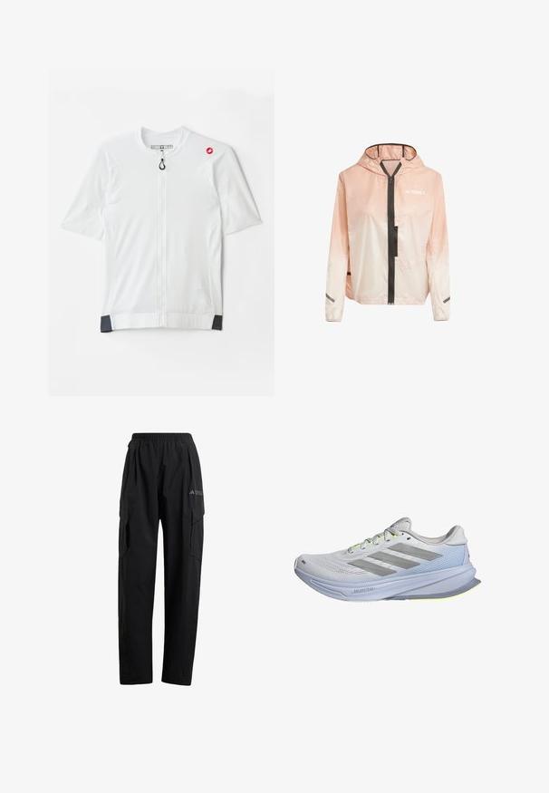 Kevyt, huppari takki, jossa on liukuväri vaaleanpunaisesta valkoiseen. Varustettu etuvetoketjulla, mustilla yksityiskohdilla ja heijastavilla nauhoilla hihoissa.; Valkoinen lyhythihainen pyöräilypaita, jossa on edessä vetoketju, teksturoitu kangas ja mustat yksityiskohdat helmassa. Logo vasemmassa olkapäässä.; Musta cargo-housut, joissa on joustava vyötärö, kaksi sivutaskua ja hieman kapeneva lahje. Valmistettu kevyestä materiaalista.; Juoksukengät, joissa on kevyt valkoisesta verkosta valmistettu päällinen, joka on korostettu harmailla raidoilla. Pohjassa on kevyt kaari ja neonkeltaisia korostuksia.