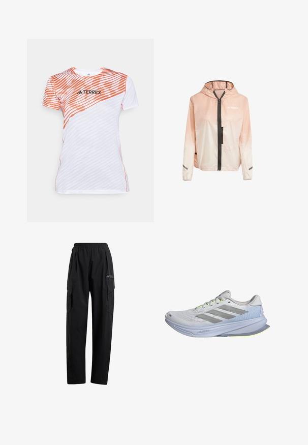Lightweight, hooded jacket in gradient pink and white. Features a front zipper, black accents, and reflective strips on sleeves.; White and orange short-sleeve athletic shirt with diagonal striped pattern and "TERREX" logo across the chest.; Black cargo pants with an elastic waistband, two side pockets, and a slightly tapered leg design. Made from lightweight material.; Running shoes with a lightweight mesh upper in white, accented by gray stripes. The sole features a slight curve and neon yellow highlights.