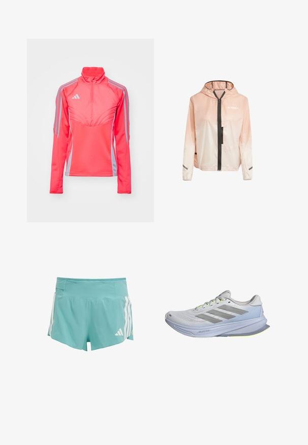 Lekka kurtka z kapturem w gradientowych odcieniach różu i bieli. Posiada zamek z przodu, czarne akcenty oraz odblaskowe paski na rękawach.; Różowa sportowa kurtka z wysokim kołnierzem, zapinana na zamek, z szarymi paskami po bokach. Posiada strukturalne szwy i dopasowany krój.; Jasnoniebieskie szorty sportowe z teksturowanej tkaniny, białe paski po bokach oraz kieszeń w pasie do przechowywania. Odpowiednie do aktywności sportowych.; Buty biegowe z lekką siateczką w kolorze białym, akcentowane szarymi paskami. Podeszwa ma delikatny łuk i neonowe żółte akcenty.