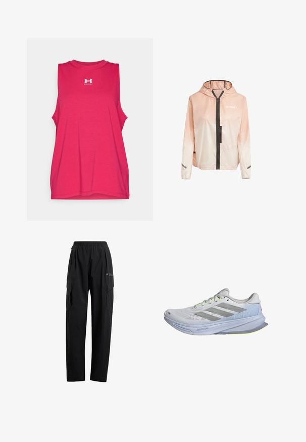 Lett, hettejakke i gradient rosa og hvit. Har glidelås foran, svarte detaljer og reflekterende striper på ermene.; Ärmløs atletisk treningstopp i livlig rosa, laget av myk bomullsmiks. Har rund halslinning og hvit Under Armour-logo.; Svarte cargo-bukser med elastisk midje, to sidelommer og en lett avsmalnet benkonstruksjon. Laget av lett materiale.; Løpesko med et lett mesh-overdel i hvitt, akzentuert av grå striper. Sålen har en liten kurve og neongule detaljer.
