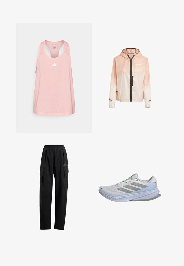 Lättviktsjacka med huva i gradient rosa och vitt. Har en främre dragkedja, svarta detaljer och reflexstriper på ärmarna.; adidas Performance TRAIN ESSENTIALS MINIMAL BRANDING RACERBACK - Linne - semi pink spark; Svarta cargo-byxor med resårmidja, två sidofickor och en något avsmalnande ben-design. Tillverkade i lätt material.; Löparskor med ett lätt nätövre i vitt, accentuerat med grå ränder. Sulan har en svag kurva och neongula detaljer.