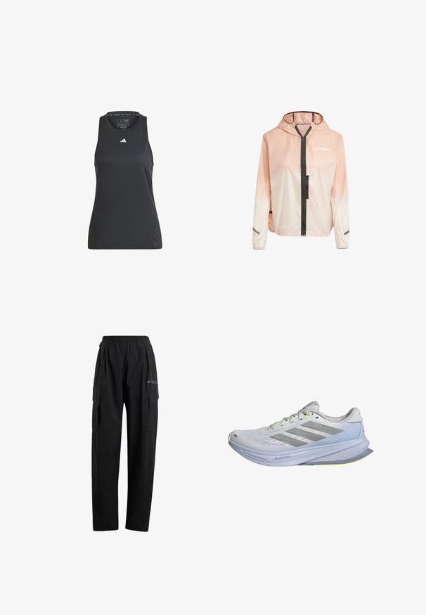 Kevyt, huppari takki, jossa on liukuväri vaaleanpunaisesta valkoiseen. Varustettu etuvetoketjulla, mustilla yksityiskohdilla ja heijastavilla nauhoilla hihoissa.; Mustapohjainen urheilutankotoppi, joka on valmistettu synteettisestä materiaalista. Sisältää pyöreän kaula-aukon ja pienen valkoisen Adidas-logon rinnassa. Tasainen pinta.; Musta cargo-housut, joissa on joustava vyötärö, kaksi sivutaskua ja hieman kapeneva lahje. Valmistettu kevyestä materiaalista.; Juoksukengät, joissa on kevyt valkoisesta verkosta valmistettu päällinen, joka on korostettu harmailla raidoilla. Pohjassa on kevyt kaari ja neonkeltaisia korostuksia.