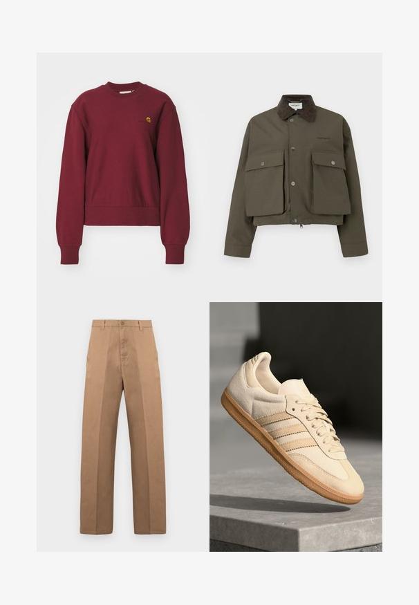 Olijfgroen cropped jack met een bruine corduroy kraag, voorzien van twee voorste klepzakken en drukknopen. Soepele stoftextuur.; Carhartt WIP AMERICAN SCRIPT - Sweater - malbec; Bruine katoenen broek met een rechte pijp, voorzien van een knoopsluiting, riemlussen en minimale naden voor een strakke uitstraling.; Lichtbeige suède sneaker met een gumrubberen buitenzool, drie diagonale strepen en een textuur op de neus. Voorzien van een logo op de tong en de zijkant.