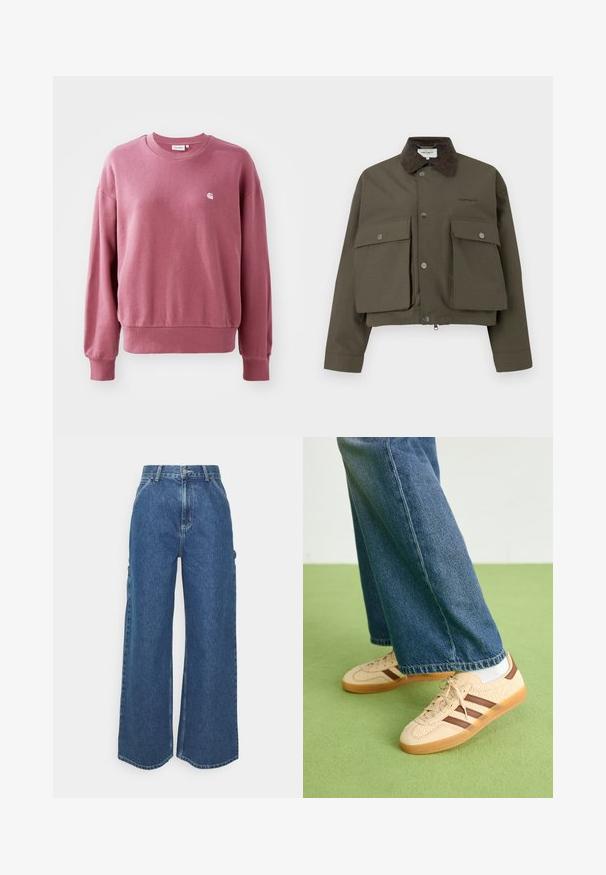 Olive green cropped jacket with a brown corduroy collar, featuring two front flap pockets and snap button closure. Smooth fabric texture.; Pink sweatshirt made of soft fabric, featuring a round neckline, long sleeves, and ribbed cuffs. A small logo is positioned on the chest.; Wide-leg blue denim trousers with a high waist, contrasting stitching, and side pockets, featuring a classic five-pocket design and raw hems.; Beige sneakers with textured cream panels and brown stripes, paired with blue denim jeans. The jeans have a wide leg and frayed hem.