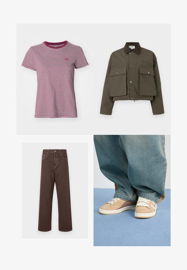 Oliivinvihreä lyhyt takki, jossa on ruskea corduroy-kaulus, kahdella etupuolen läpällä ja napsulukolla. Suora kangasrakennetta.; Levi's® THE PERFECT TEE - T-paita - collegiate burgundy; Ruskeat leveät farkut erottuvalla ompelella, viisi taskua ja metallinappikiinnitys. Suora leikkaus ja sileä pinta.; Beige kengät mokasta ja kankasta, valkoisilla nauhoilla, vaaleanruskeilla yksityiskohdilla ja teksturoidulla pohjalla. Yhdistettyinä löysiin sinisiin farkkuihin.