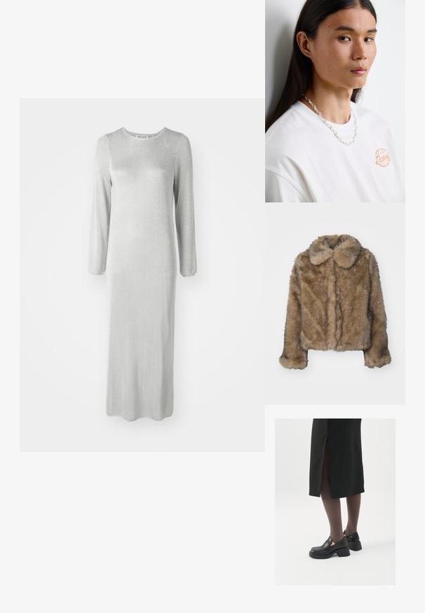 Brązowa kurtka z sztucznego futra, krótka, z zaokrąglonym kołnierzem, długimi rękawami i miękką, teksturowaną powierzchnią. Subtelne detale szwów wzdłuż przodu.; Długa srebrna sukienka uszyta z teksturowanej tkaniny, z długimi rękawami i okrągłym dekoltem, z wykończeniem na kostkach.; Czarne skórzane buty z okrągłym noskiem, grubym blokowym obcasem i elastycznymi akcentami po bokach, zestawione z ciemnymi rajstopami i czarną spódnicą z rozcięciem.; Biała bawełniana koszulka T-shirt z pomarańczowym logo, z naszyjnikiem ze srebrnym łańcuchem z ogniwami połączonymi, prezentowana na neutralnym tle.