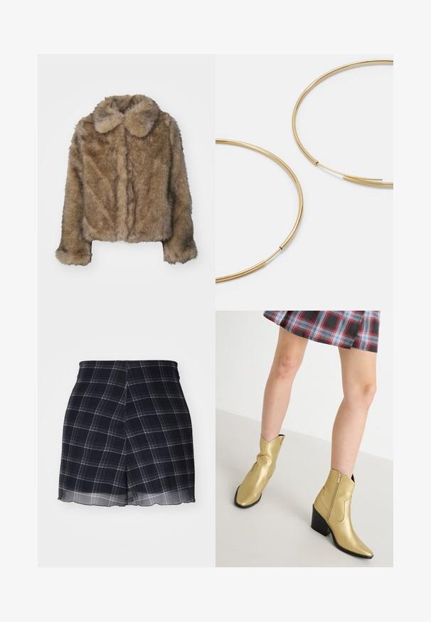 Rudas dirbtinės kailio trumpa striukė su apvaliu apykakle, ilgomis rankovėmis ir minkšta, tekstūrine paviršiumi. Subtilūs siūlų detalės priekyje.; Juodas megztinis su apvaliu kaklu, puoštas kalėdinių simbolių: eglutė, puošmenos, meduoliai ir snaigės, blizgučiais.; Jūriniai languoti šortai, pagaminti iš lygios, lengvos medžiagos. Yra su klostuotu dizainu ir permatomu kraštu, turi baltų ir šviesiai pilkų languotų raštų.; Auksinės metalizuotos kulkšninių botai su smailiais pirštais, užtrauktuku ir blokuotos kulno. Klasikinio silueto, su lygiu audiniu ir siūlėmis.; Aukso spalvos žiedo auskarai, ploni ir apvalūs, su lygiu metaliniu paviršiumi be papuošimų ar raštų.