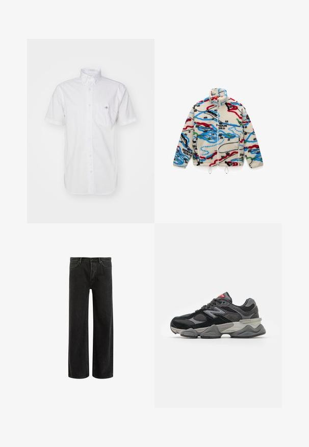 Fleecejacke mit einer cremefarbenen Basis und mehrfarbigen, kartografischen Mustern in Rot, Schwarz, Blau und Grün; hat einen hohen Kragen und einen Reißverschluss.; Grauer, langärmeliger Pullover aus flauschigem Material mit Rundhalsausschnitt und cropped Fit. Glatte Textur mit einem weichen, leichten Erscheinungsbild.; Kurze, weiße Hemdbluse aus leichtem Baumwollstoff, mit einer Brusttasche und dezentem Logo auf der Tasche. Glatte Textur.; Schwarze, weit geschnittene Jeans aus Denim mit hoher Taille, im klassischen Fünf-Taschen-Design und subtilem Verblassen für eine strukturierte Optik.; Schwarzer und grauer Sneaker mit einer Kombination aus Wildleder und Mesh-Materialien, dicker Sohle, ausgeprägtem Logo und roten Akzenten an der Zunge.