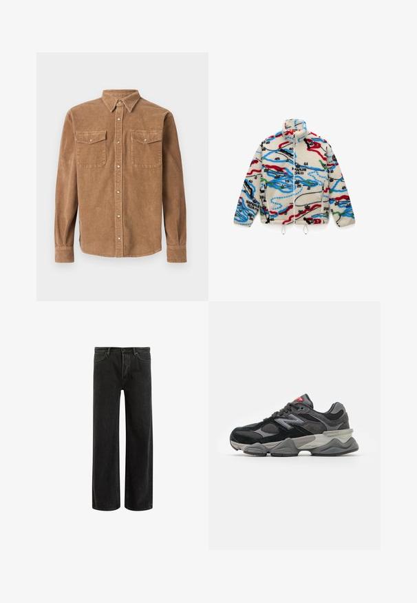 Fleece jacket featuring a cream base with multicolored map-like patterns in red, black, blue, and green; has a high collar and zip closure.; Gray, long-sleeve sweater made of fluffy material with a round neckline and a cropped fit. Smooth texture with a soft, light appearance.; Brown corduroy shirt with a button-down collar, two chest pockets, and a textured surface. Features button closure and long sleeves.; Green cotton t-shirt with short sleeves, ribbed crew neckline, and embroidered Nike logo on the chest. Smooth texture and relaxed fit.; Black denim wide-leg jeans with a high waist, featuring classic five-pocket design, and subtle fading for a textured appearance.; Black and gray sneaker with a mix of suede and mesh materials, thick sole, prominent logo, and red accent on the tongue.