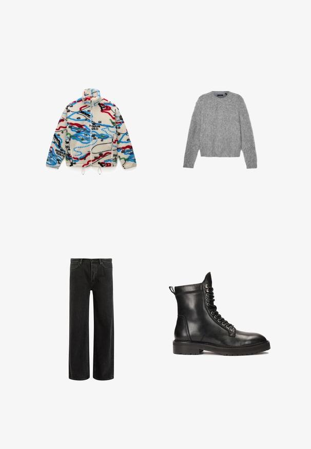 Fleece bunda s krémovým podkladem a vícbarevnými mapovými vzory v červené, černé, modré a zelené; má vysoký límec a zapínání na zip.; Šedý svetr s dlouhým rukávem vyrobený z nadýchaného materiálu s kulatým výstřihem a zkráceným střihem. Hladký povrch s jemným, lehkým vzhledem.; Zelené bavlněné tričko s krátkými rukávy, vroubkovaným kulatým výstřihem a vyšitým logem Nike na hrudi. Hladká textura a volný střih.; Černé džíny s širšími nohavicemi a vysokým pasem, s klasickým designem pěti kapes a jemným vyblednutím pro texturovaný vzhled.; Kazar Studio CANRERTH - Šněrovací kotníkové boty - black