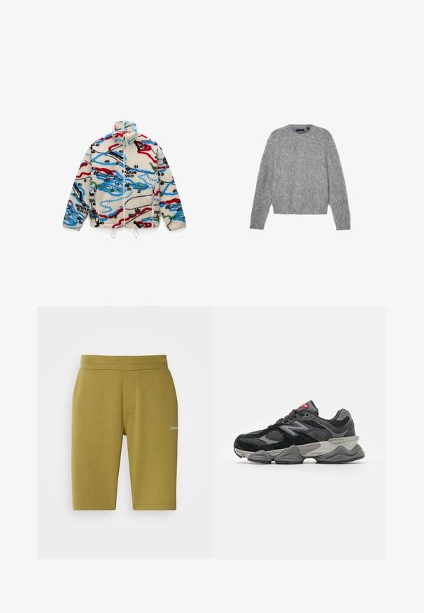 Giacca in pile con una base crema e motivi multicolori simili a una mappa in rosso, nero, blu e verde; presenta un colletto alto e chiusura con zip.; Maglione grigio a maniche lunghe realizzato in materiale soffice, con scollatura rotonda e taglio cropped. Texture liscia con un aspetto morbido e leggero.; T-shirt in cotone verde con maniche corte, colletto a girocollo rib ribattuto e logo Nike ricamato sul petto. Tessuto liscio e vestibilità rilassata.; Shorts verde oliva realizzati in morbido cotone misto, con una trama liscia, vita elasticizzata e logo discreto sul lato sinistro.; Sneaker nera e grigia con un mix di materiali in suede e mesh, suola spessa, logo prominente e accento rosso sulla linguetta.