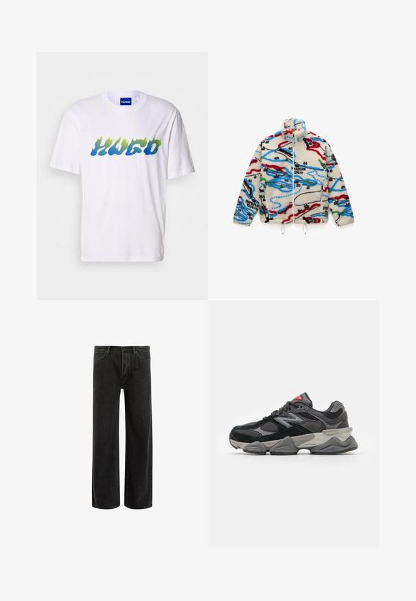 Fleeces jaka ar krēmkrāsas pamatni, ar daudzkrāsainām, kartēm līdzīgām rakstainēm sarkanā, melnā, zilā un zaļā krāsā; tai ir augsts apkakle un rāvējslēdzēja aizdare.; Pelēks, garām piedurknēm dzemperis, izgatavots no pūkaina materiāla, ar apaļu kakla izgriezumu un īsu piegriezumu. Gluda tekstūra ar mīkstu, vieglu izskatu.; Balts īsām piedurknēm T-krekls ar zilu un zaļu liesmu stila "HUGO" uzrakstu krūtīs, apaļu izgriezumu un zilu iekšējo etiķeti.; Melnas denima platleņķa džinsi ar augstu jostasvietu, izceļoties ar klasisko piecu kabatu dizainu un maigu izbalējumu, radot teksturētu izskatu.; Melna un pelēka sporta apavi ar suede un sieta materiālu kombināciju, bieza zole, izteikts logs un sarkana akcents uz mēles.